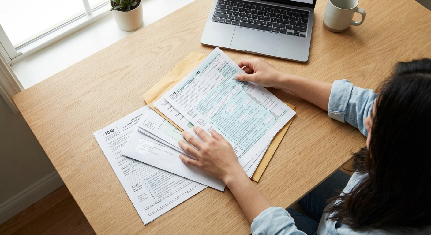 깨끗한 나무 책상 위에서 서류와 양식을 정리하는 청년의 손