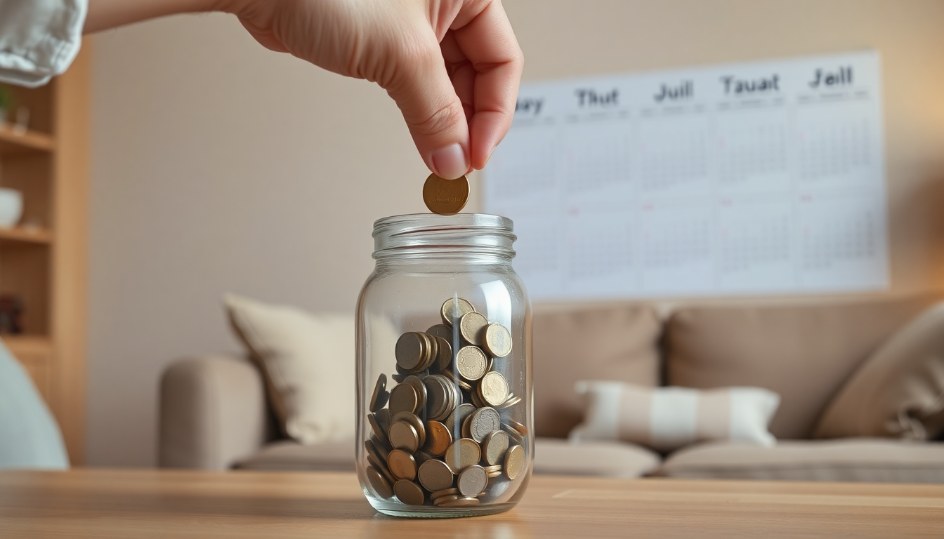 흐릿하게 5년 달력이 보이는 배경 앞에서, 동전이 담긴 유리 저금통에 동전을 넣고 있는 사람의 어깨 너머 모습