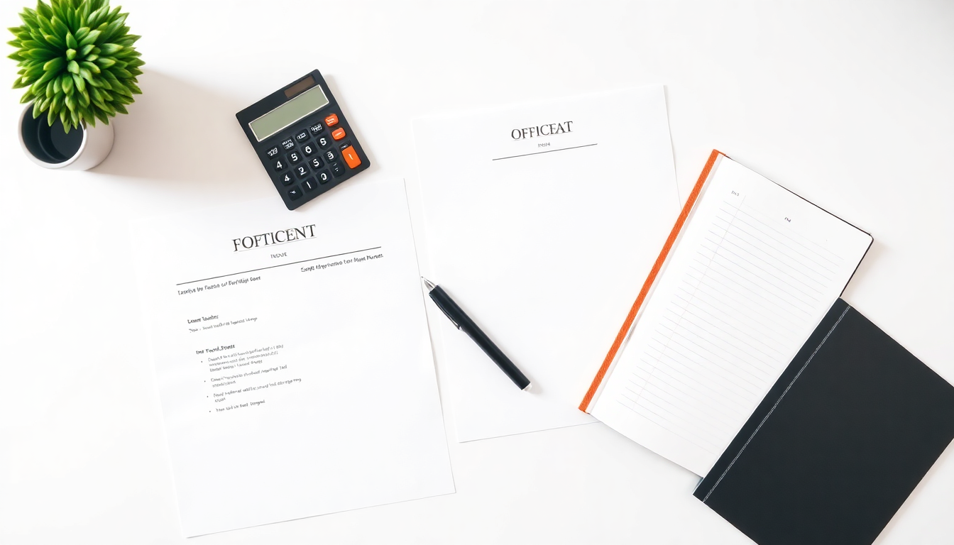 책상 위에 두 개의 서류, 계산기, 그리고 빈 노트가 나란히 놓여 있는 것을 위에서 내려다본 구도