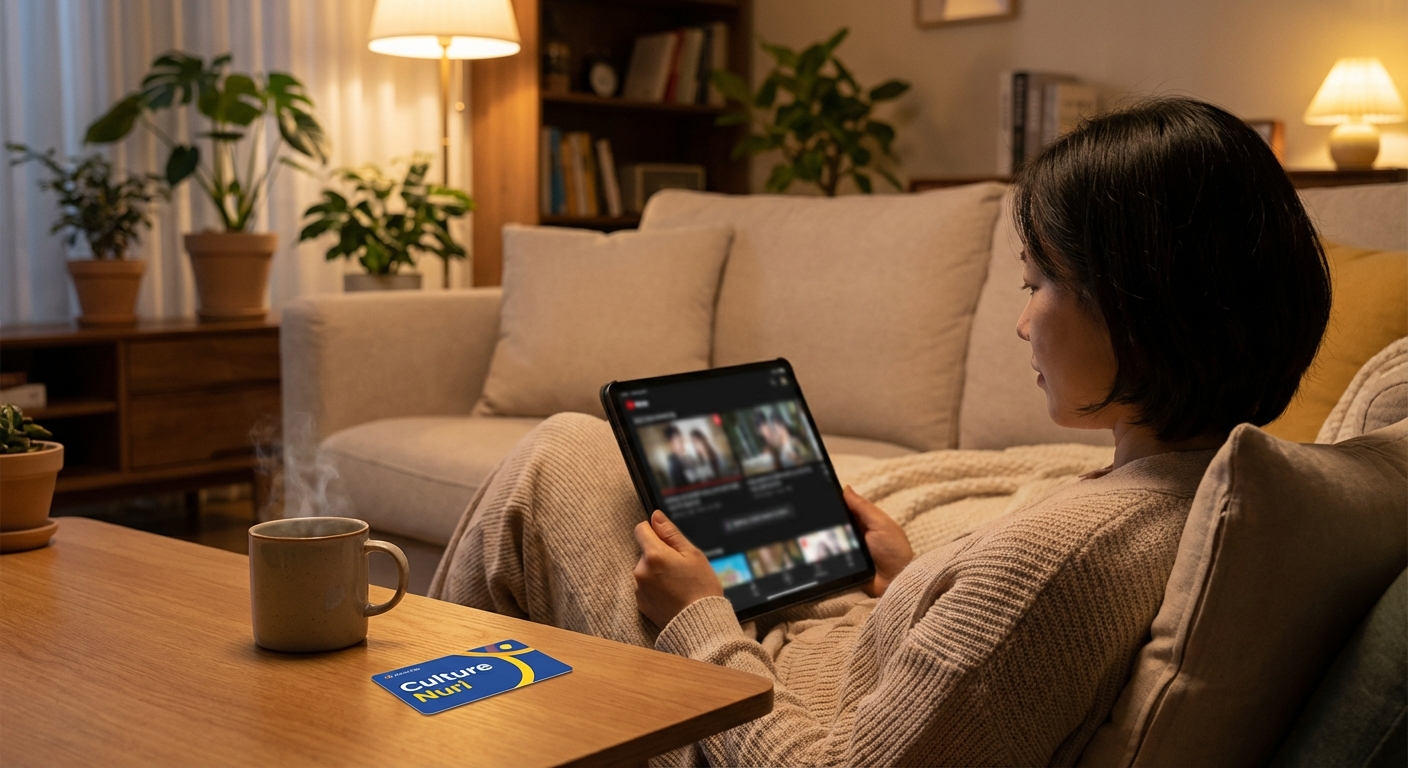 한 사람이 저녁에 거실 소파에 앉아 태블릿으로 OTT 서비스를 시청하고 있으며, 옆 테이블에 문화누리카드가 놓여 있는 모습.