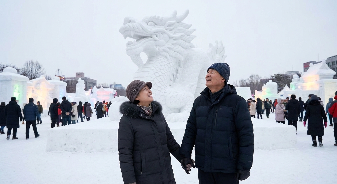 거대한 눈 조각 앞에서 손을 잡고 올려다보며 감상하는 한국인 성인 커플의 뒷모습.