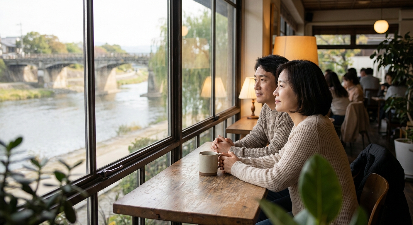 창밖 풍경을 바라보며 따뜻한 커피를 마시는 한국인 커플의 모습.