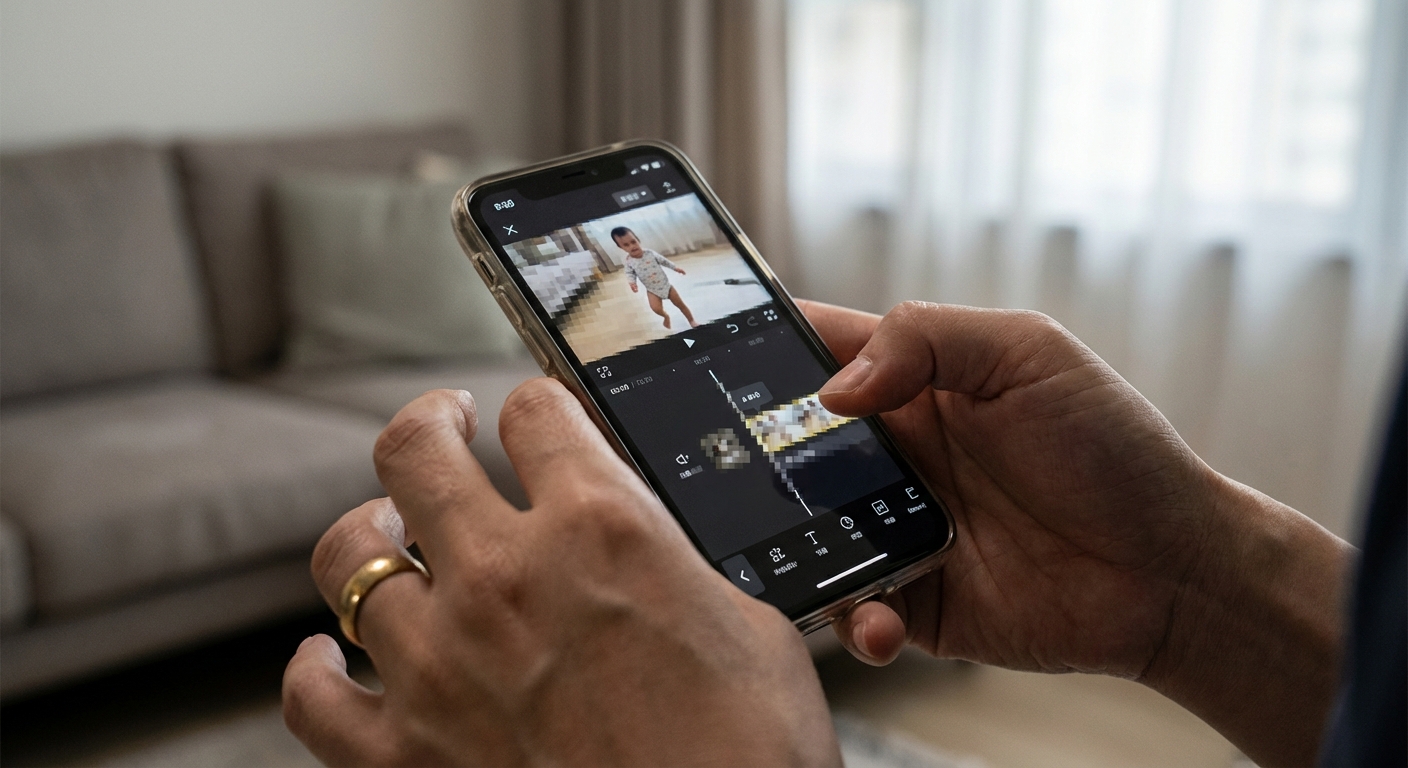 한 한국인 성인의 손이 스마트폰 편집 앱에서 아기 춤 영상을 편집하고 있는 클로즈업