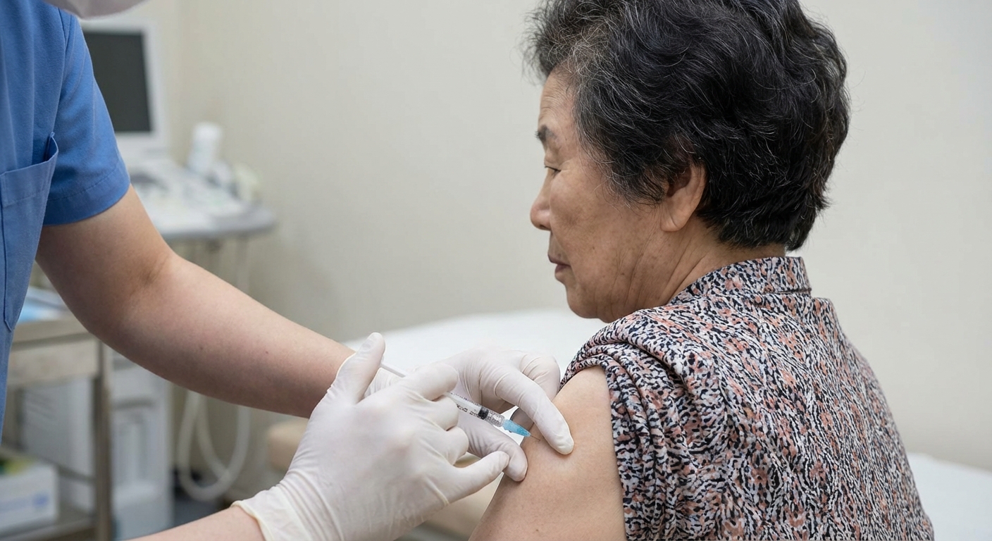 의료진이 노인의 팔에 예방접종 주사를 놓는 모습