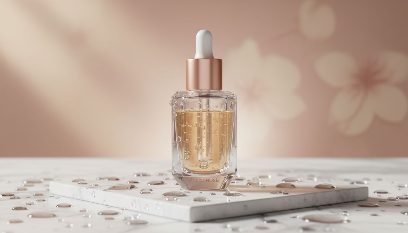 대리석 위에 놓인 고급 화장품 제품 이미지