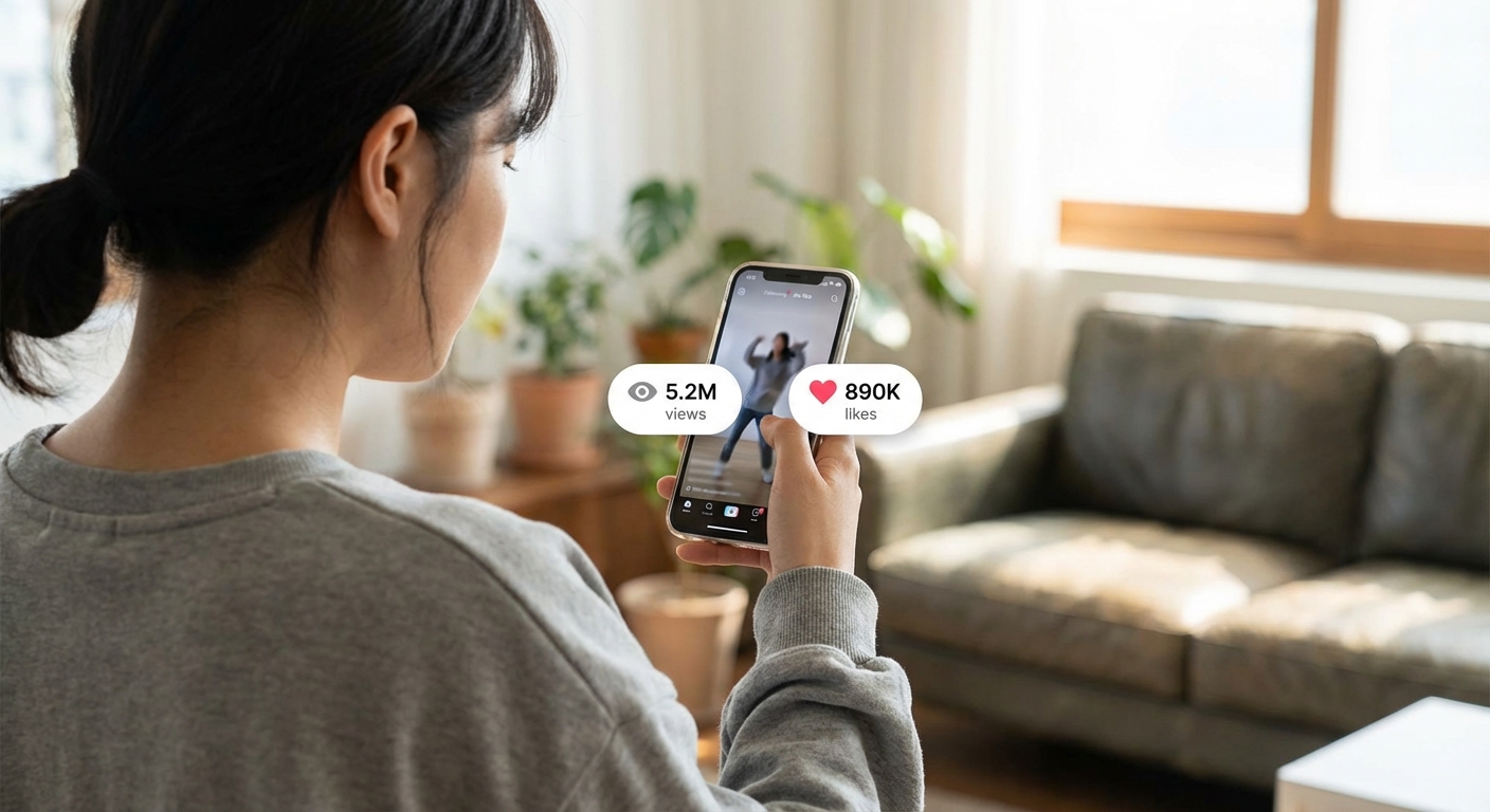 자신의 춤 챌린지 영상이 스마트폰 화면에서 수많은 조회수와 좋아요를 기록하며 바이럴되는 것을 보고 기뻐하는 한국인 여성 댄서의 뒷모습.