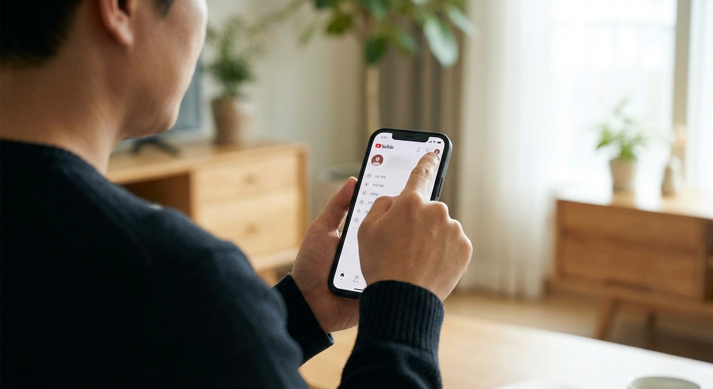 스마트폰 유튜브 앱에서 오른쪽 상단 프로필 아이콘을 탭하는 한국 성인의 뒷모습