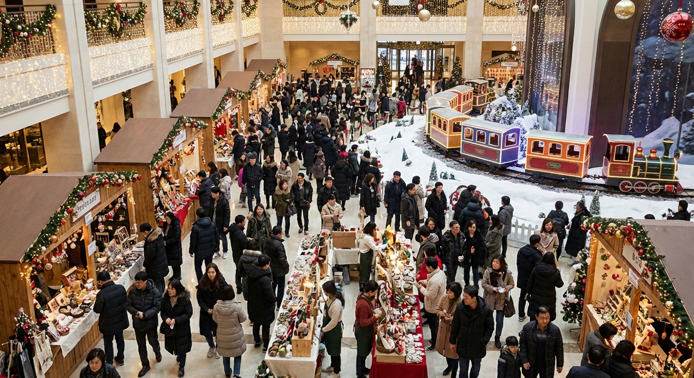 화려하게 장식된 기차 모형과 다양한 상점들 사이를 걷는 사람들로 북적이는 실내 크리스마스 마켓.