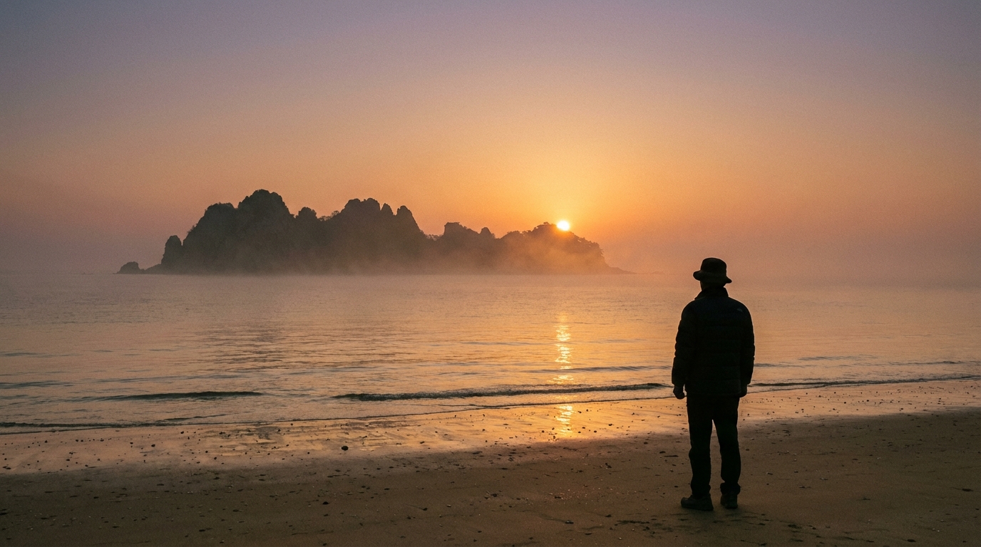 당진 왜목마을 해변에서 노적봉 위로 떠오르는 해를 바라보는 한국 성인의 실루엣.
