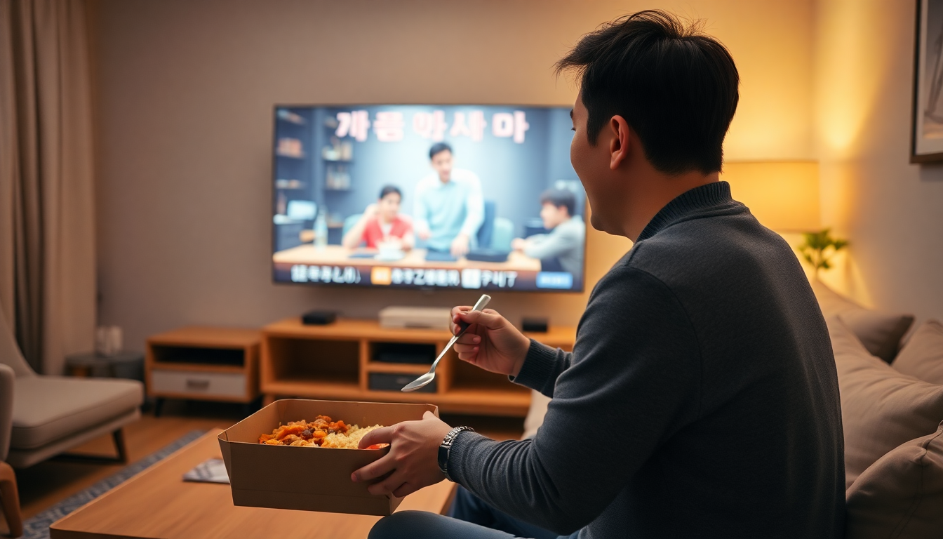 거실에서 배달음식을 먹으며 TV를 보고 있는 남성의 뒷모습