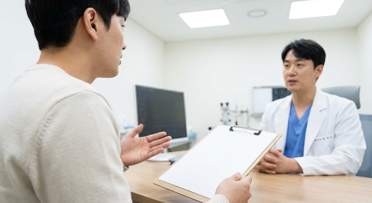 한국 성인이 병원에서 의료진과 상담하는 모습
