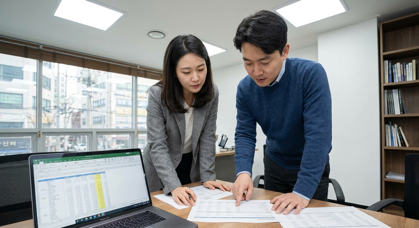 전문 사무실에서 세금 서류를 검토하며 상담하는 두 명의 한국인 성인