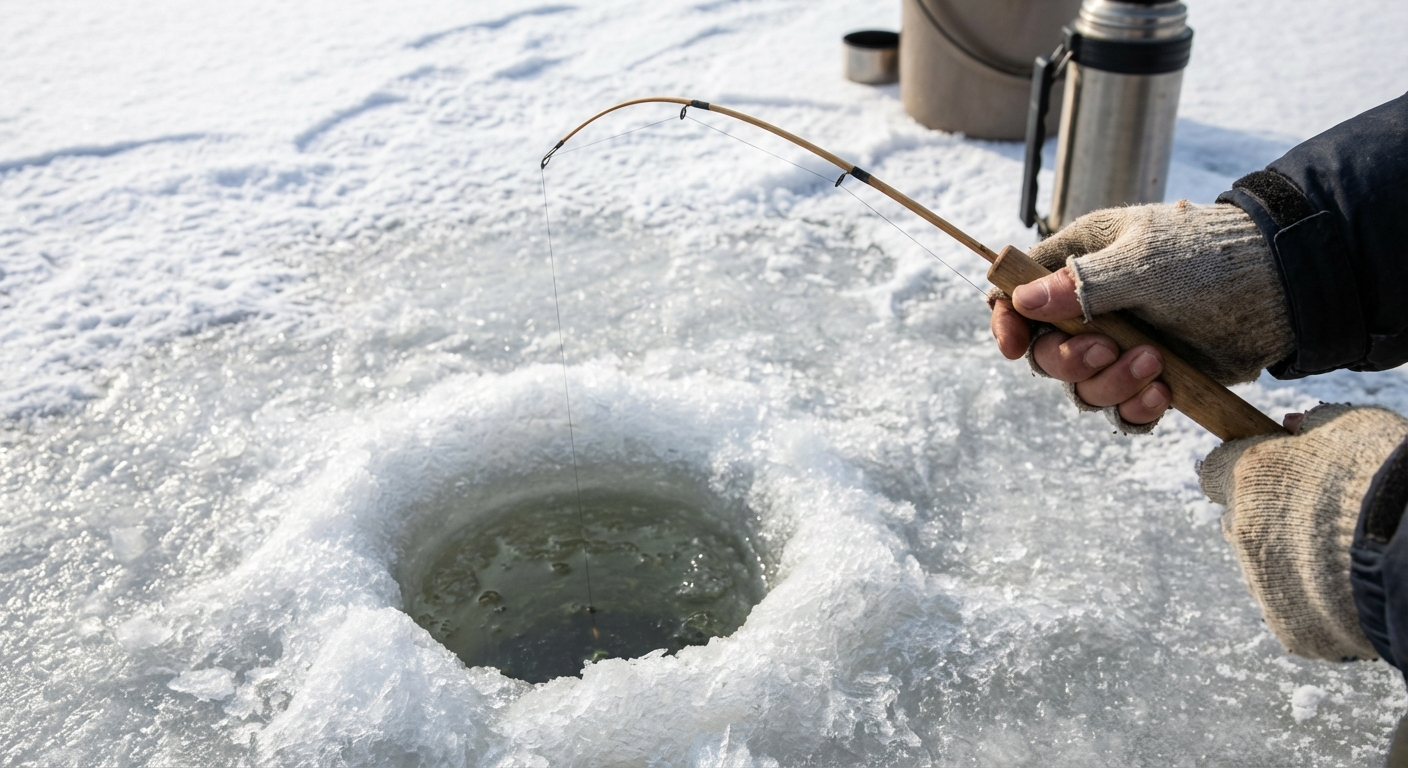 얼음 구멍에 낚싯대를 드리운 한국 성인의 손 클로즈업.