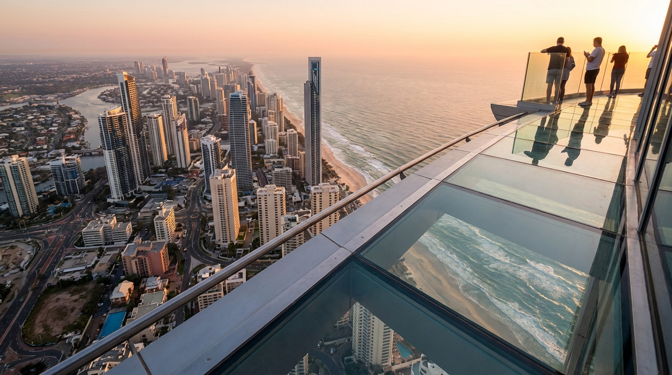 높은 전망대에서 유리 바닥을 통해 내려다보이는 해운대 바다와 도시의 일출 풍경