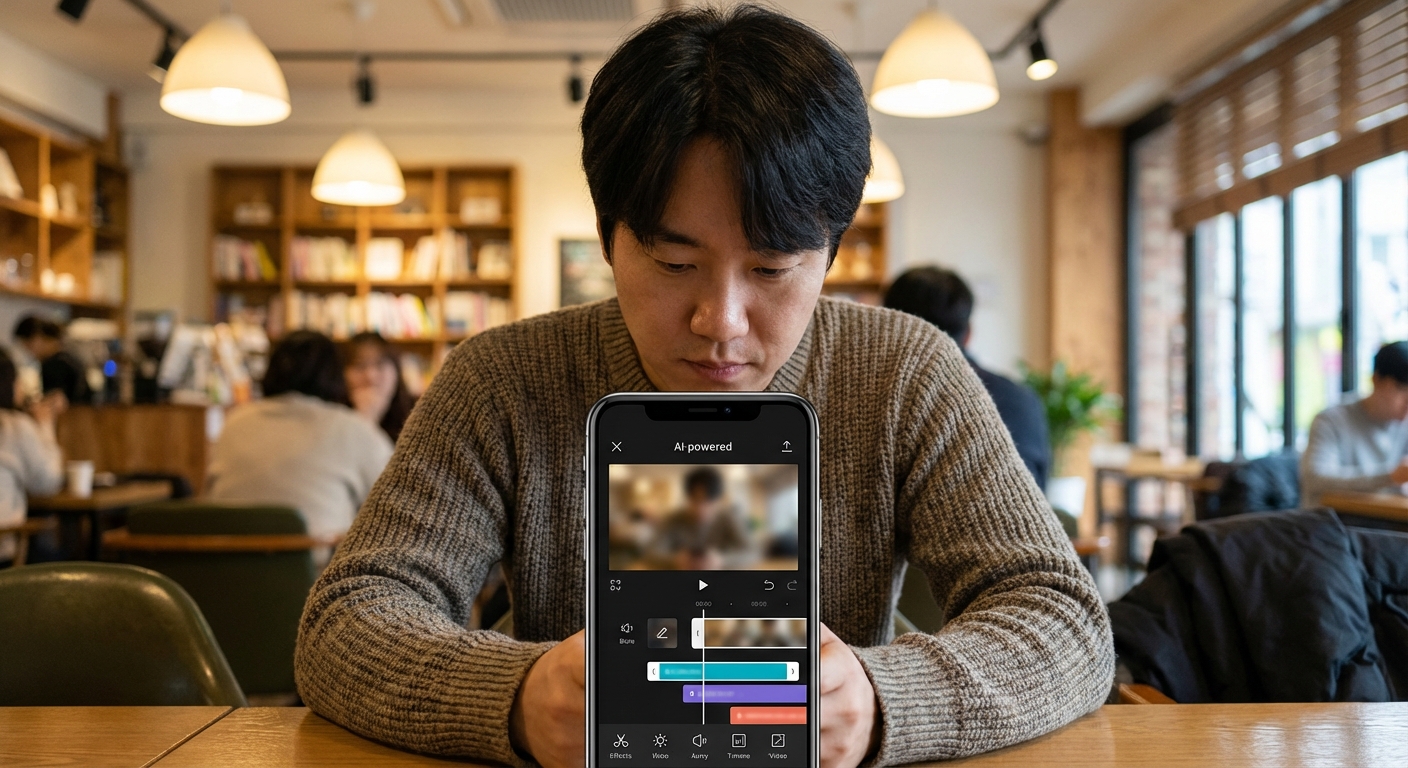스마트폰으로 AI 기반 숏폼 영상 편집 앱을 사용하며 집중하는 한국 성인의 모습, 옆에는 헤드폰이 놓여있다.