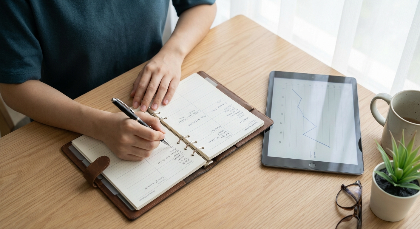 깔끔한 책상 위에서 재정 계획 노트에 글을 쓰고 옆에 깔끔한 차트가 보이는 태블릿이 놓인 한국인 사회초년생의 손을 위에서 찍은 이미지.