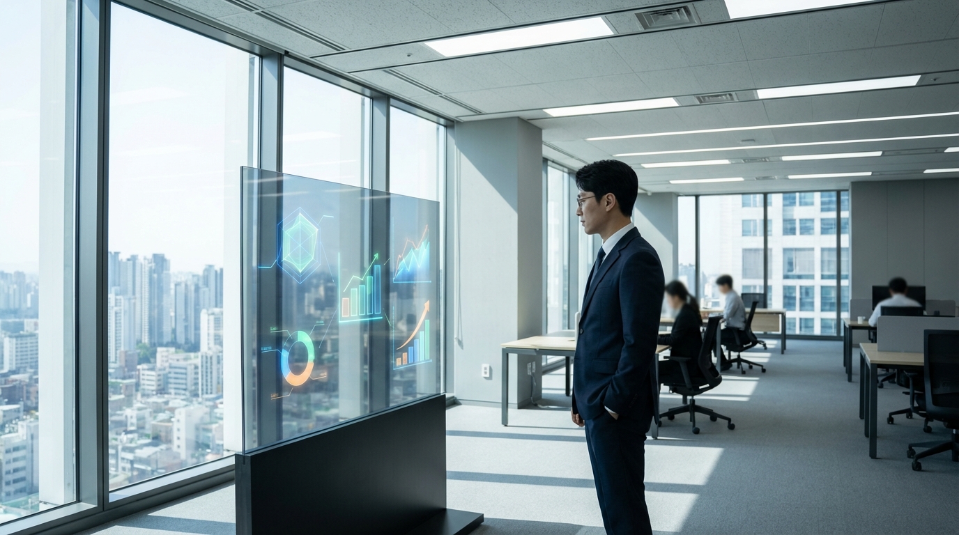 한국 성인 사업가가 현대적인 사무실에서 성장 추세를 보여주는 투명 스크린을 보고 있는 넓은 샷 이미지.