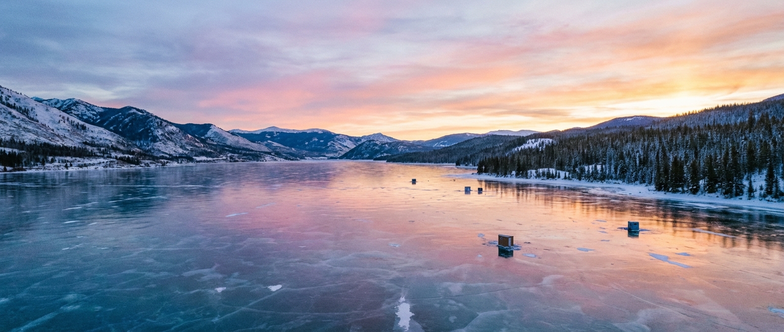 눈 덮인 산정호수의 얼어붙은 표면에 비치는 겨울 일출 풍경