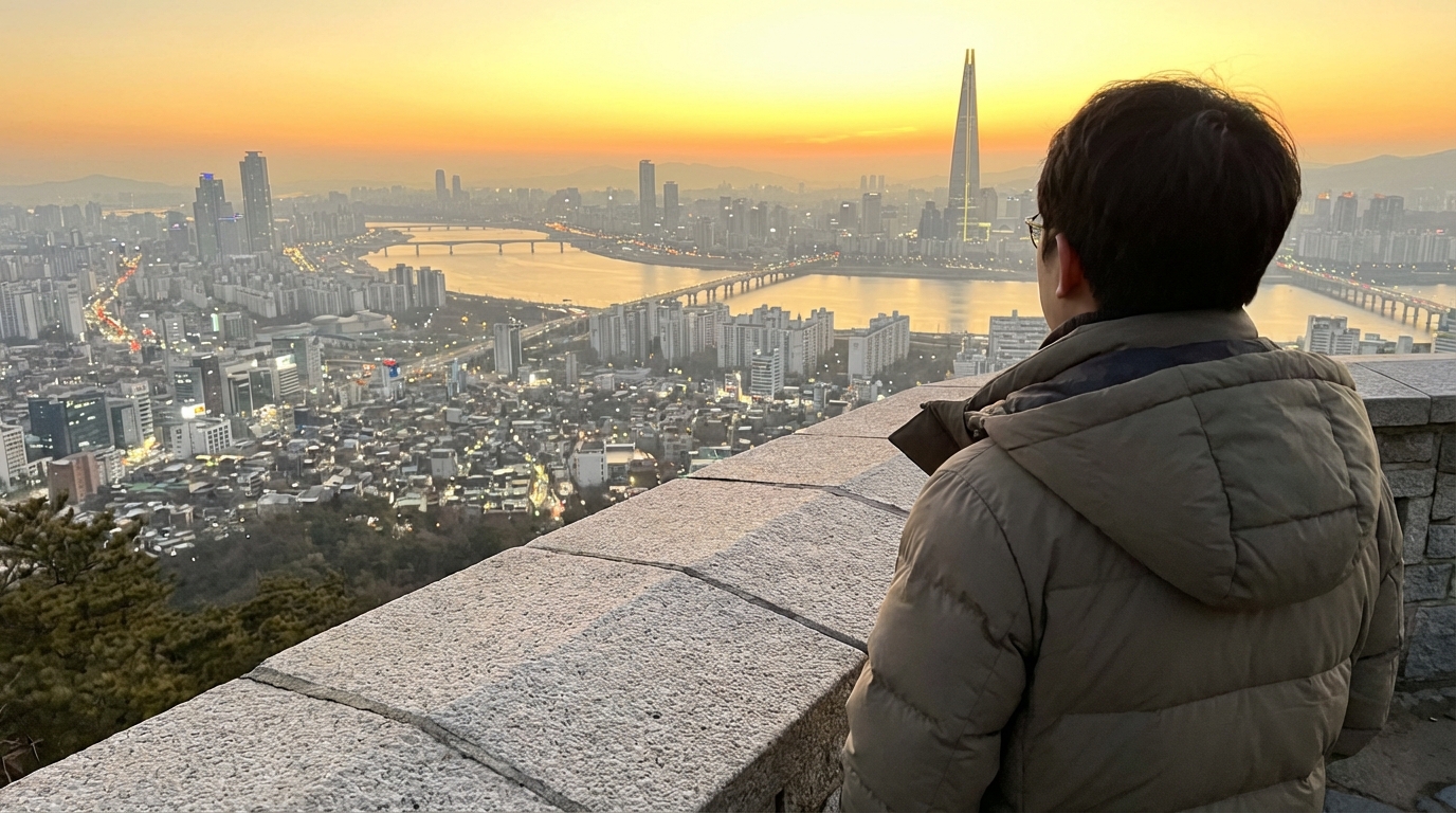 아차산 해맞이 광장에서 한강과 잠실 고층 빌딩 너머로 떠오르는 서울 도심의 일출을 바라보는 한국 성인
