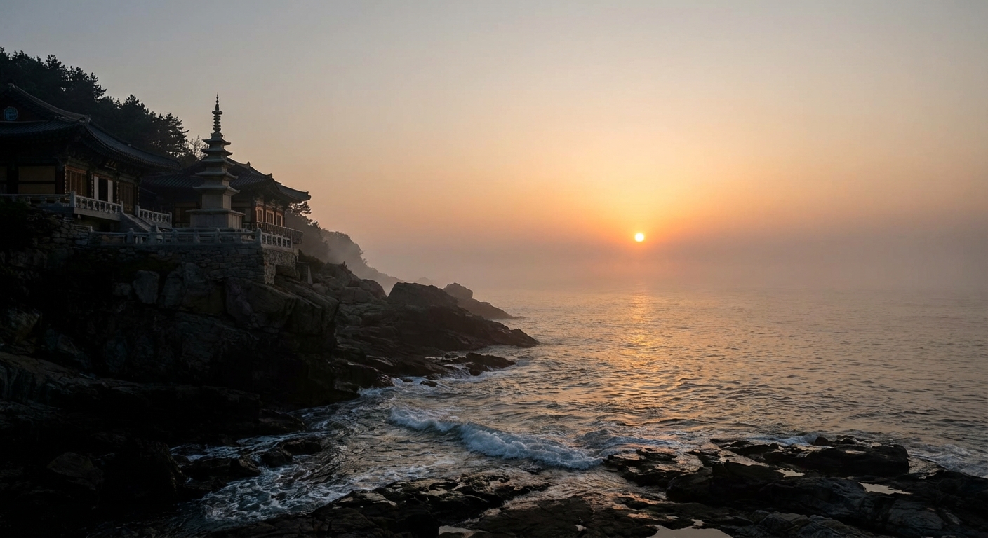 바위 해안가에 위치한 해동용궁사 옆으로 떠오르는 해와 잔잔한 파도.