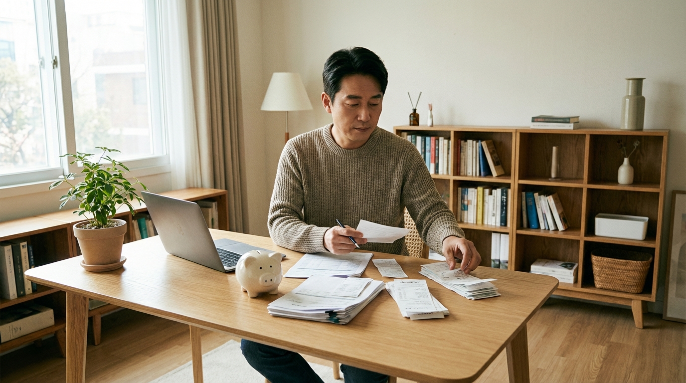 한국 성인 직장인이 깔끔한 책상 위에서 금융 서류와 저금통을 정리하며 절세를 계획하는 모습