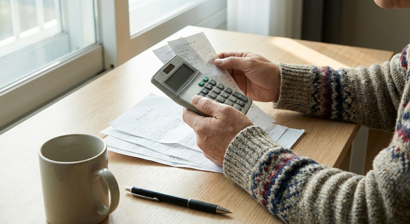 계산기와 연말정산 서류를 검토하는 한국 성인의 손, 책상 위.