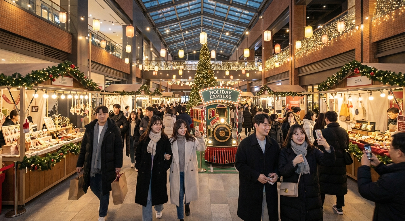 크리스마스 홀리데이 익스프레스 테마로 꾸며진 실내 광장에서 한국 성인들이 축제를 즐기는 모습.