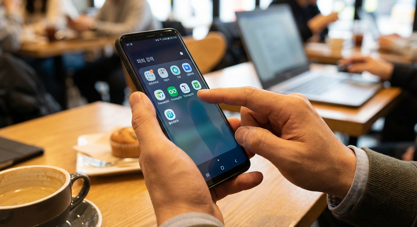 밝은 카페에서 티머니GO 앱 아이콘을 탭하는 스마트폰을 들고 있는 한국 성인의 손.