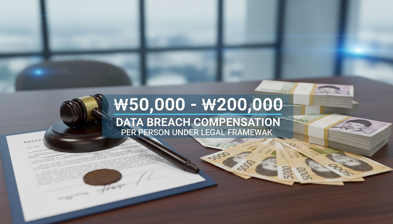 쿠팡 개인정보 유출 FAQ: 보상 금액부터 사기 대처까지 총정리 (2025년 최신 정보) 4 개인정보 유출 보상 절차와 예상 보상금액을 상징하는 법적 문서와 한국 돈, 판사의 망치 이미지