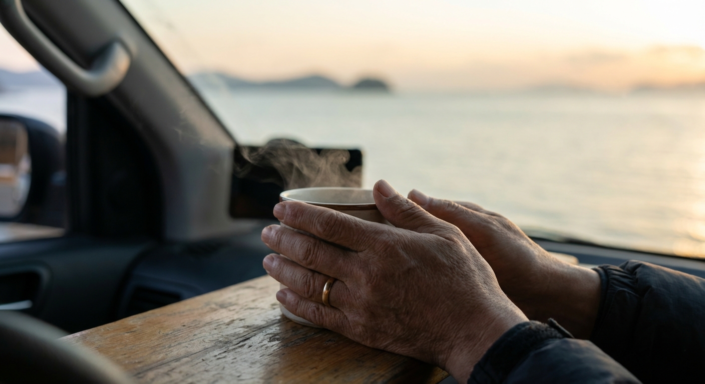 해돋이 후 따뜻한 음료를 마시며 여유를 즐기는 모습