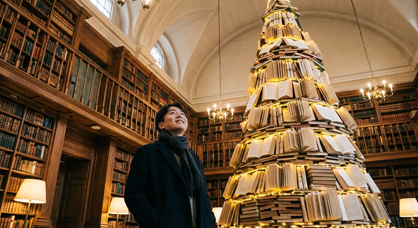 책장으로 둘러싸인 도서관 중앙에 세워진 거대한 크리스마스 트리를 올려다보는 한국인 성인의 모습.