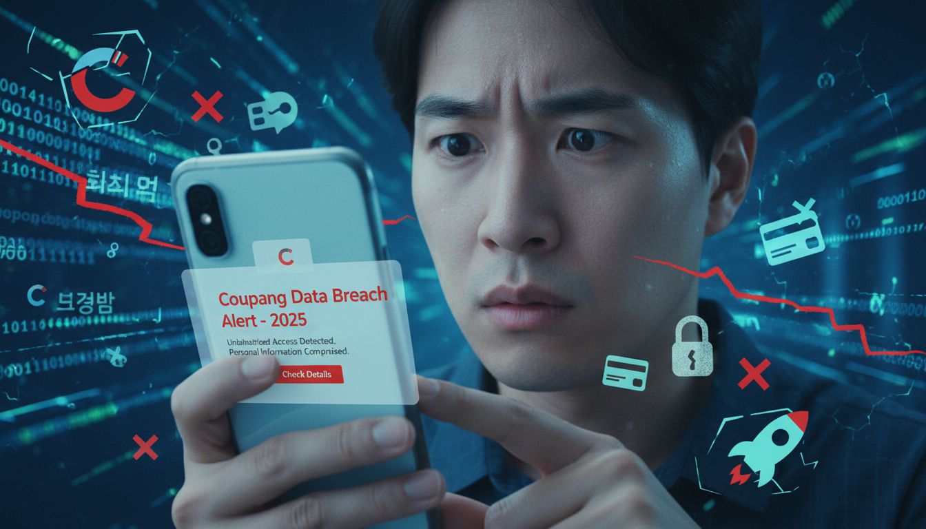 쿠팡 개인정보 유출 FAQ: 보상 금액부터 사기 대처까지 총정리 (2025년 최신 정보) 1 쿠팡 개인정보 유출 사건으로 불안해하는 한국인 사용자가 스마트폰을 확인하는 모습