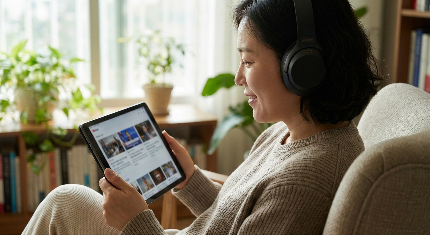 한국 성인이 태블릿을 들고 헤드폰을 착용한 채 다양한 콘텐츠를 즐기며 살짝 미소 짓는 아이 레벨 미디엄 클로즈업.