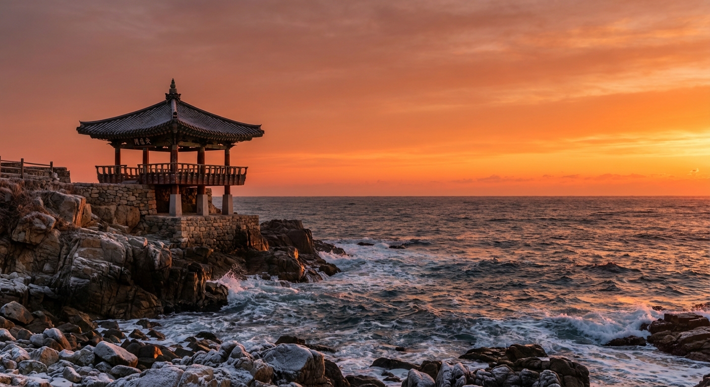 영금정 정자와 거친 겨울 바다 위로 붉은 해가 떠오르는 새벽 풍경