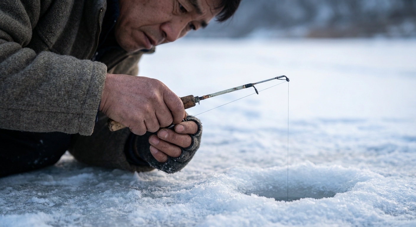얼음 구멍에 낚싯대를 드리우고 산천어 낚시에 집중하는 한국 성인 남성의 손 클로즈업.