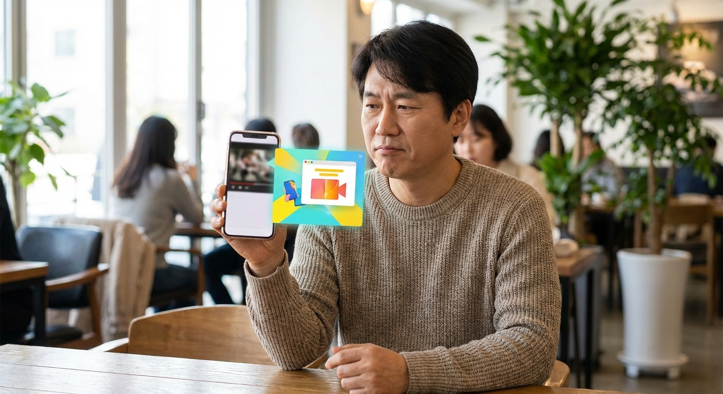 스마트폰으로 동영상을 시청 중 광고가 갑자기 나타나 약간 놀란 표정을 짓는 한국 성인