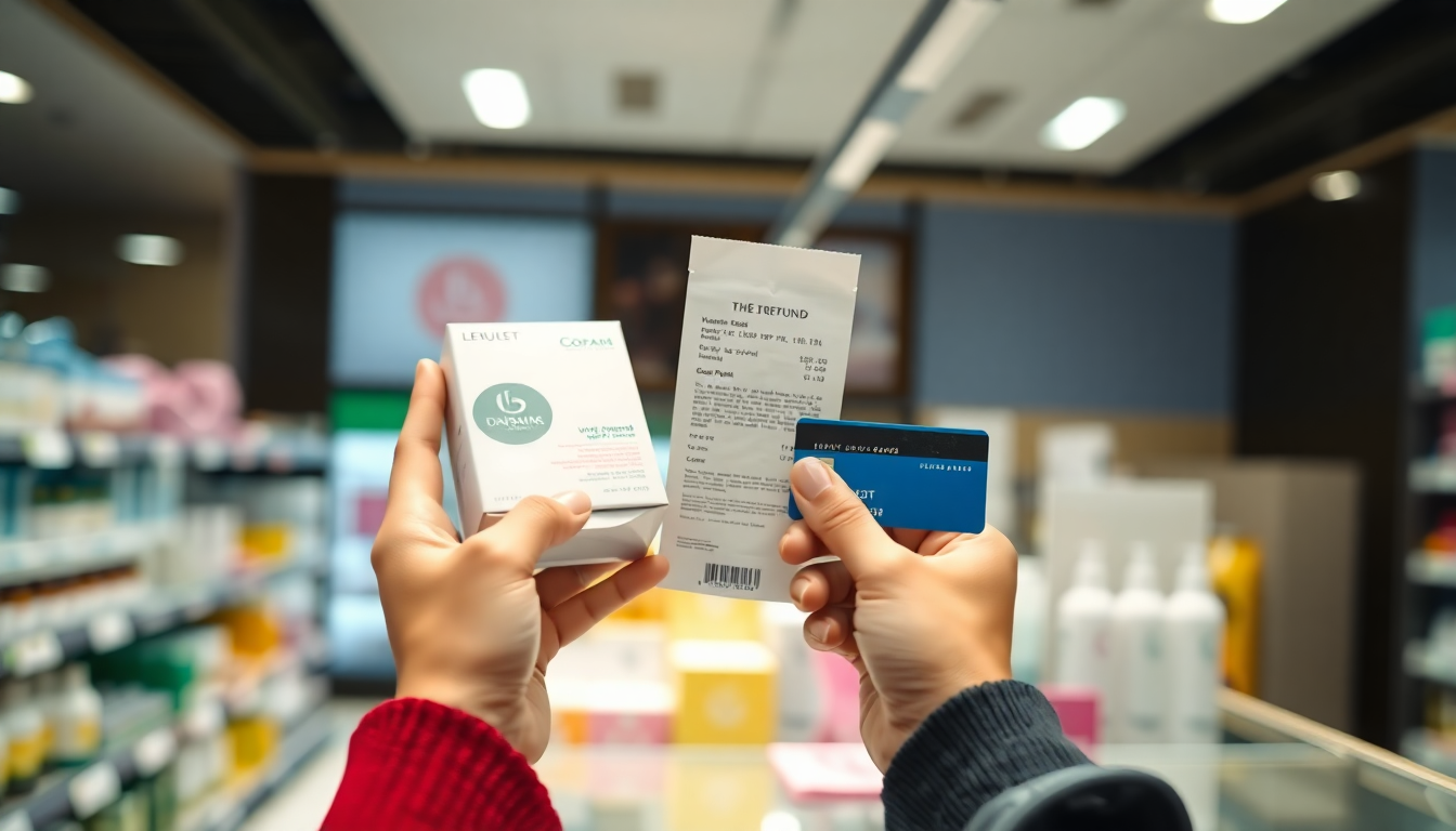 올리브영 매장 카운터에서 영수증과 결제 카드, 미개봉 상품을 제시하며 환불을 진행하는 모습