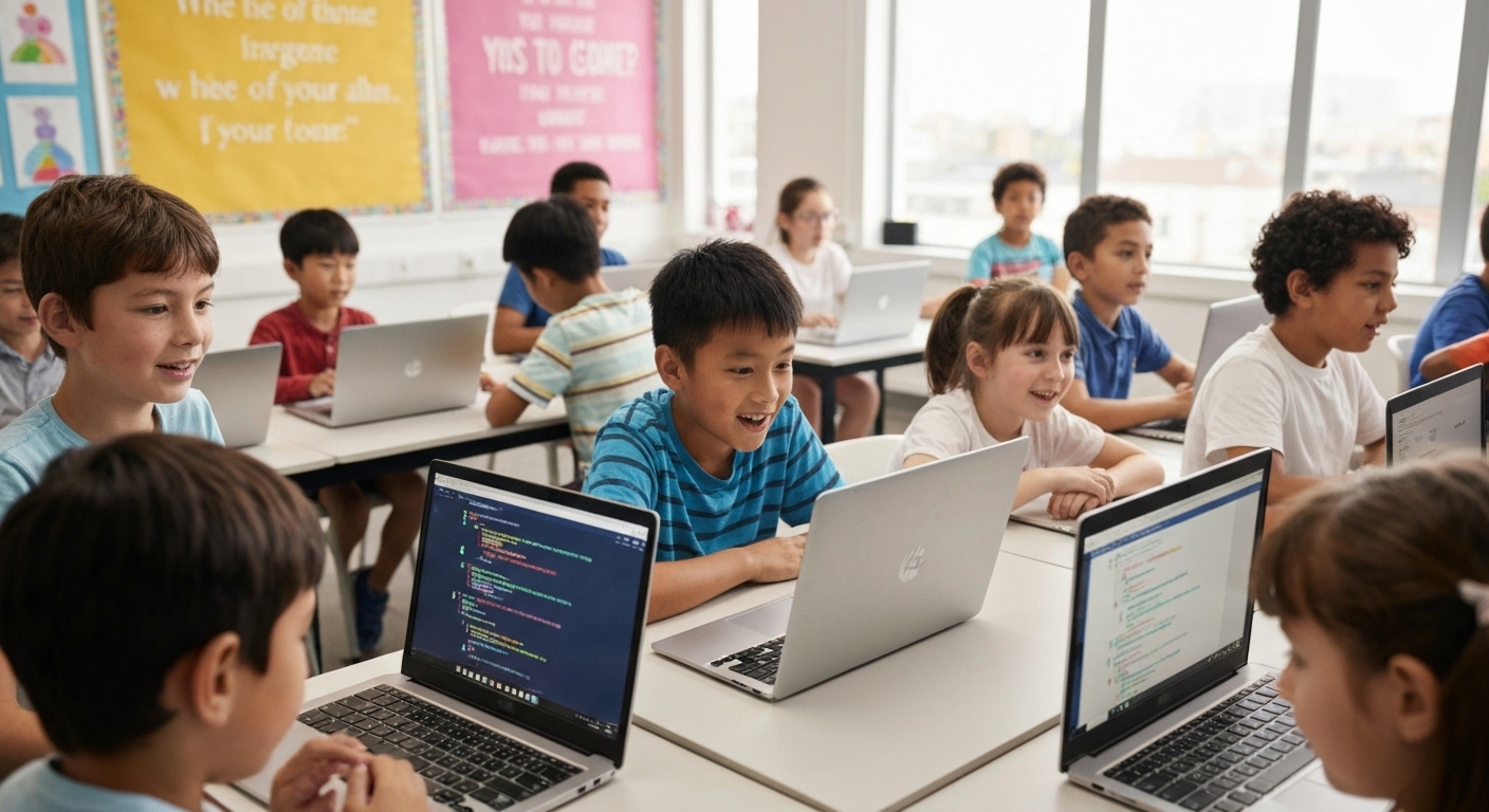 코딩 수업에 참여하는 초중학생들이 노트북을 사용하며 파이썬 코드를 배우는 모습