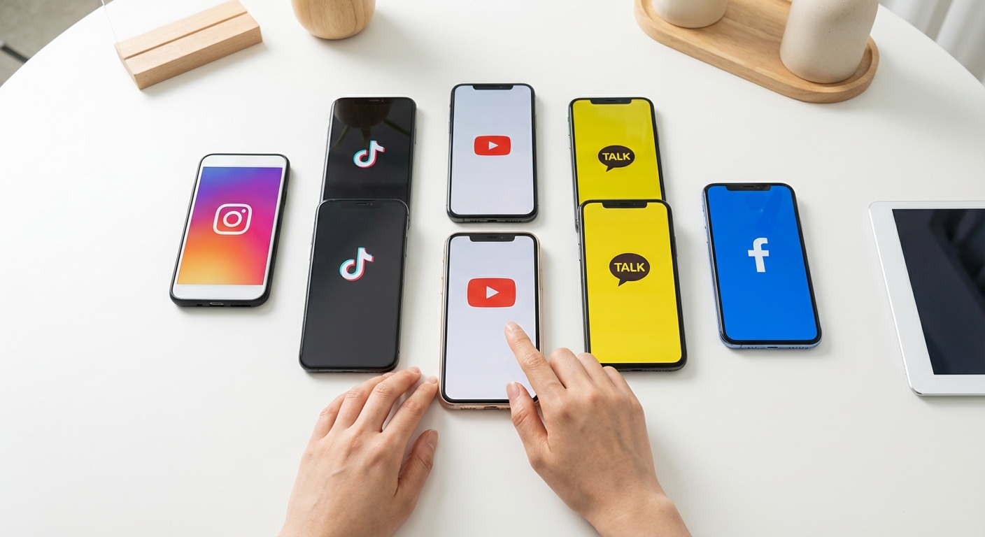 미니멀한 테이블 위에 여러 대의 스마트폰과 태블릿이 놓여있고, 각 기기 화면에는 틱톡, 릴스, 쇼츠 등 다양한 숏폼 영상 플랫폼이 보인다. 한국 성인의 손이 화면을 가리키고 있다.