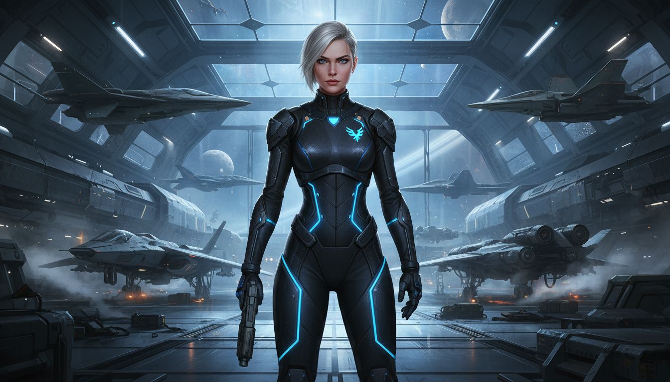 Futuristic female pilot character concept art inside a sci-fi spaceship hangar