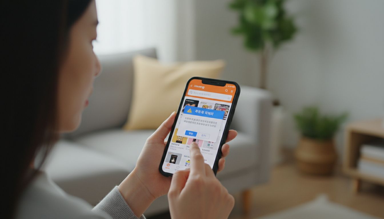 쿠팡 앱에서 개인정보 유출 확인 배너를 확인하는 한국 여성