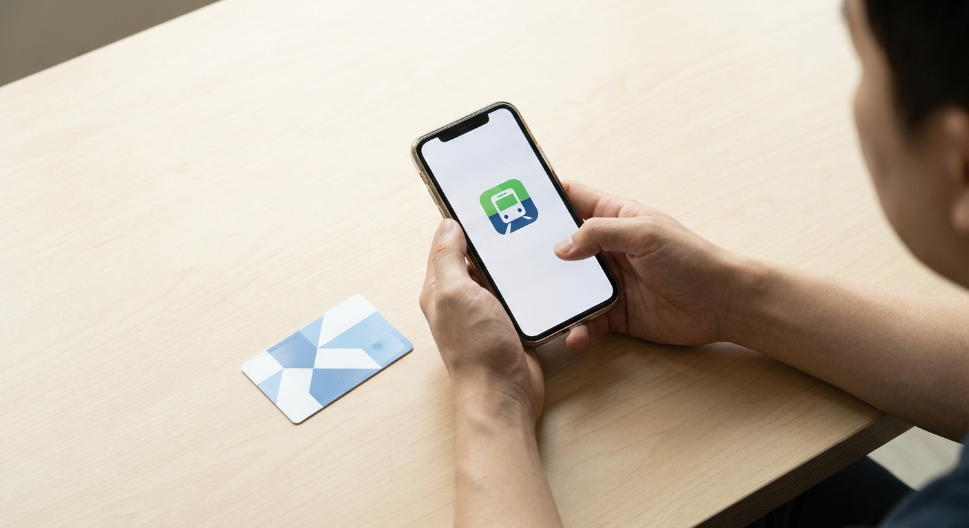 깔끔한 책상 위에서 스마트폰으로 K-패스 앱을 보고 있는 한국인 성인의 손과 옆에 놓인 교통카드