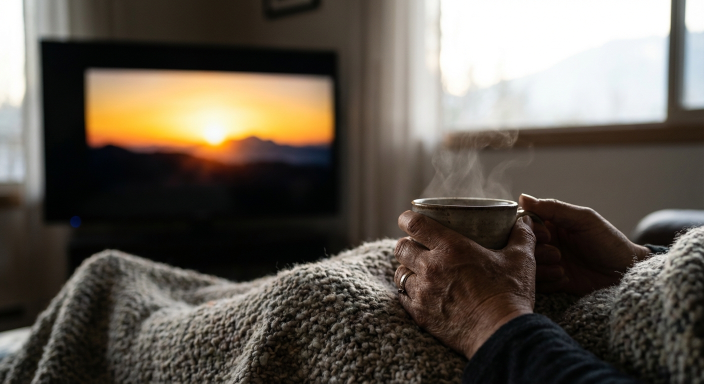 따뜻한 음료를 마시며 집 거실에서 TV로 랜선 해돋이를 감상하는 모습