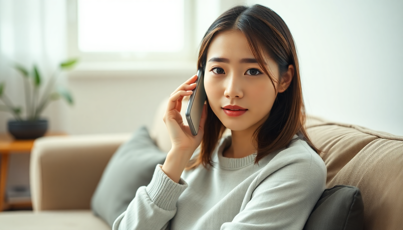 스마트폰을 들고 고객센터 연결을 기다리며 답답해하는 표정의 젊은 한국 여성