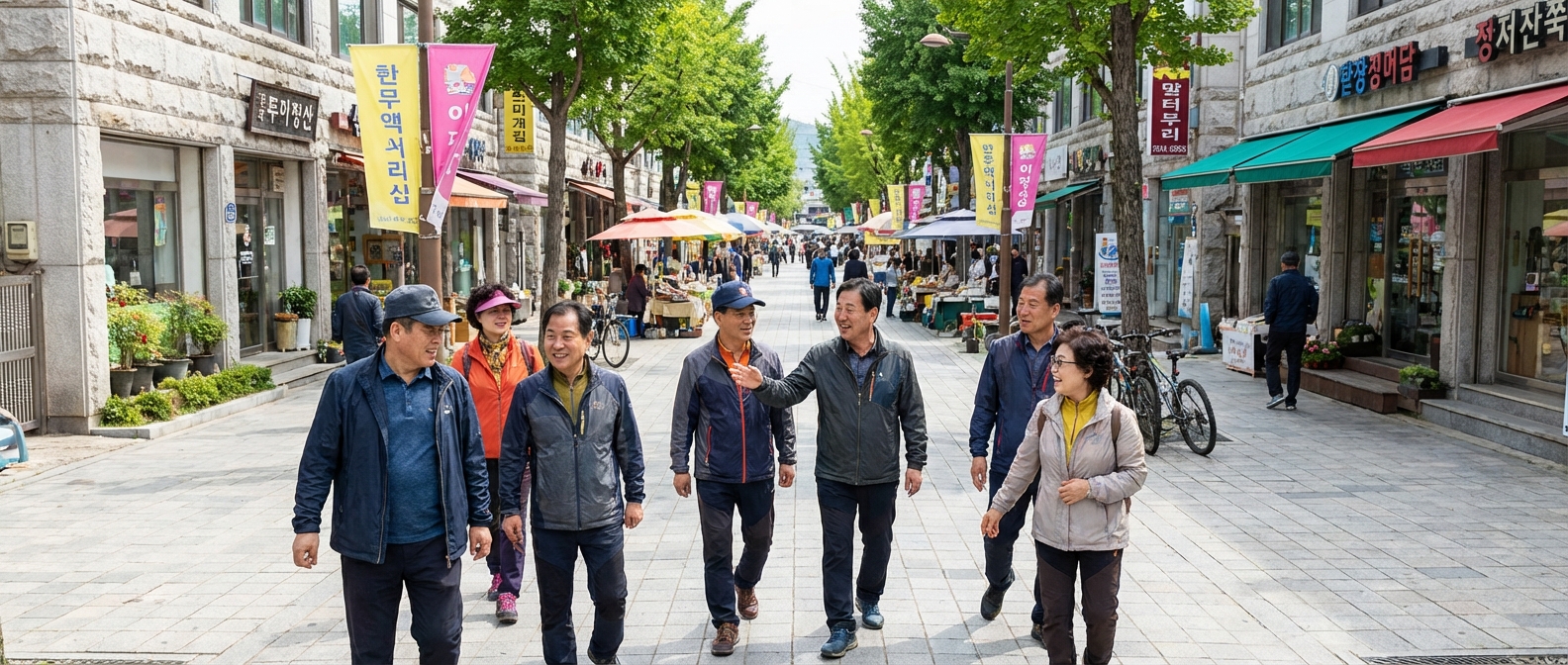 활기찬 비수도권 도시의 거리에서 한국인들이 자연스럽게 거니는 모습.