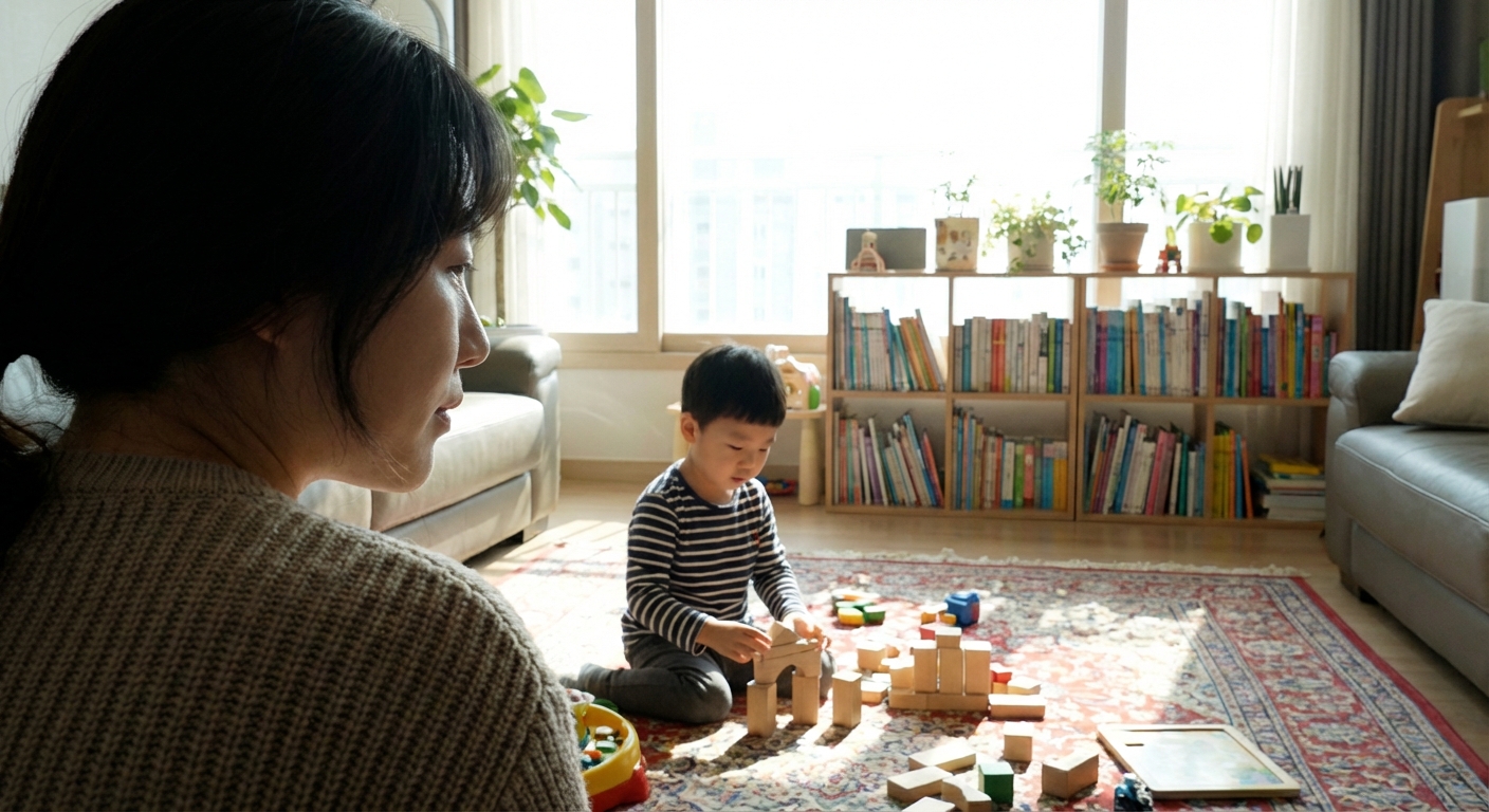 한국 성인이 거실에서 장난감을 가지고 노는 한국 아이를 은은하게 지켜보는 모습