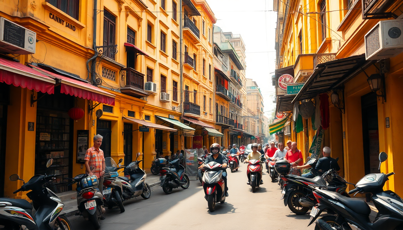 베트남 하노이의 올드쿼터, 노란색 건물들과 오토바이들이 늘어선 활기찬 거리 풍경