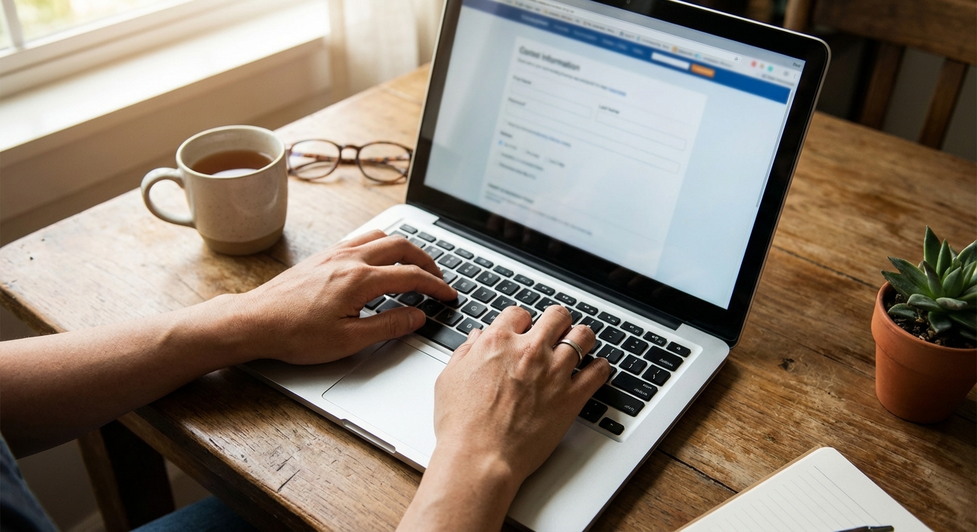 노트북 키보드로 온라인 환불 신청 양식을 작성하고 있는 한국 성인의 손, 탑다운 샷, 아늑한 홈 오피스 배경