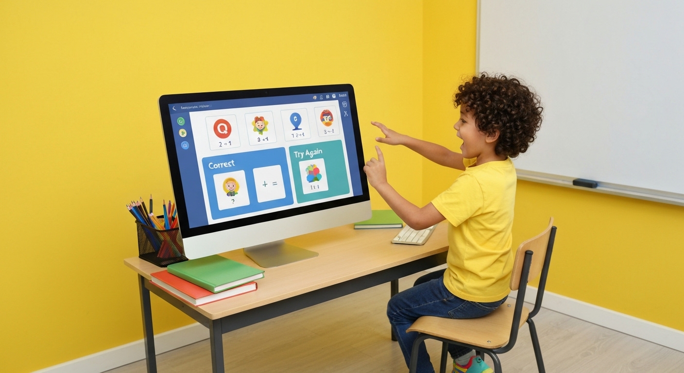 컴퓨터 화면에 수학 퀴즈 프로그램을 실행하며 정답과 오답 메시지를 보는 아이