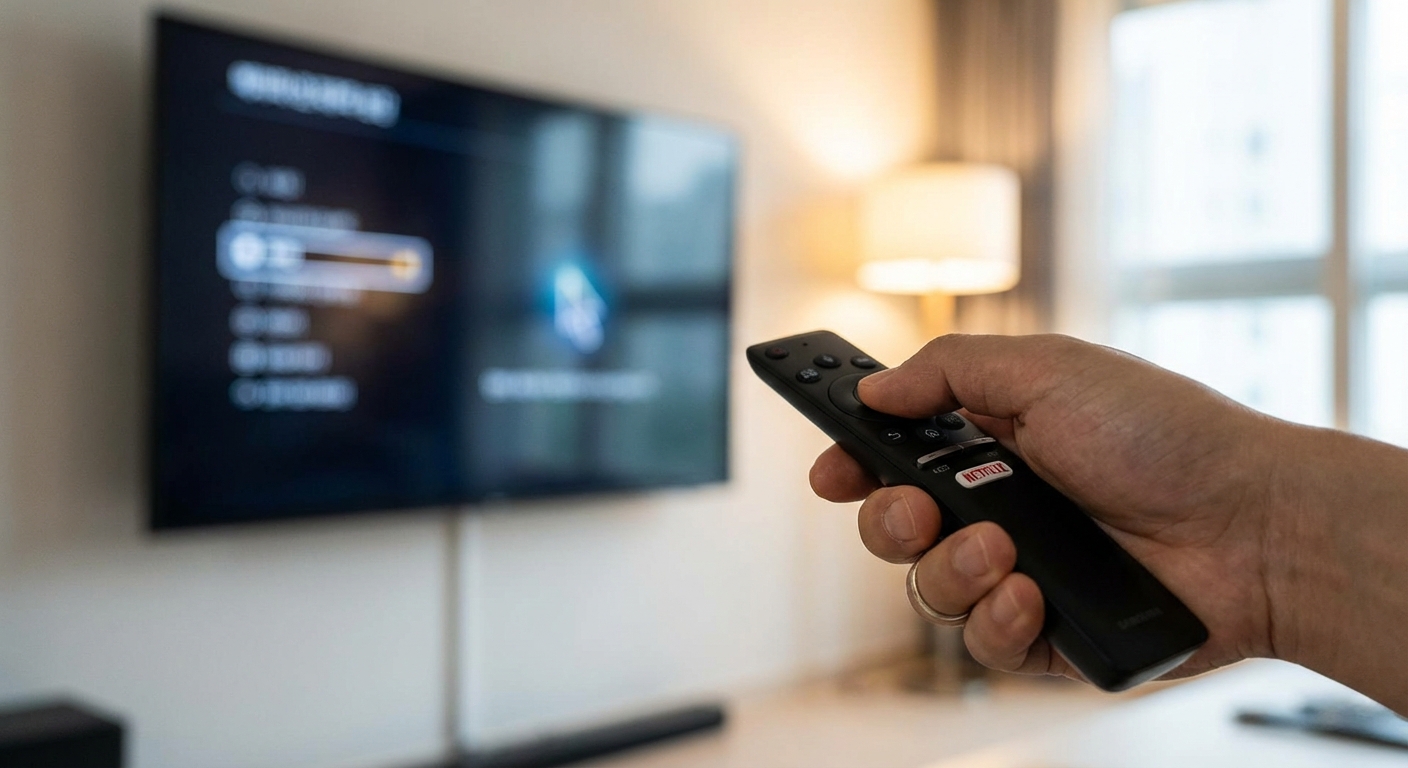 TV 리모컨을 들고 거실 텔레비전을 향해 겨누고 있는 손의 클로즈업 이미지. 티빙 가입 및 사용법 가이드를 상징한다.